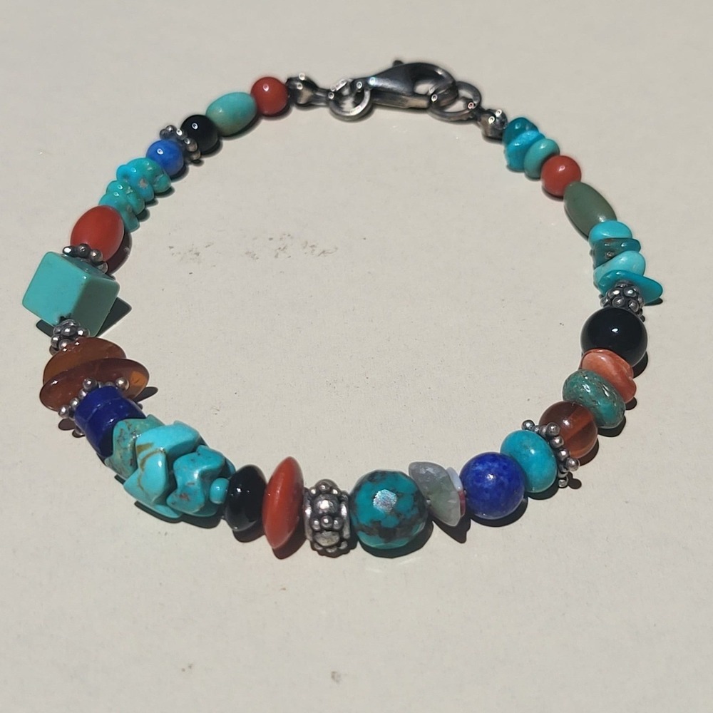 Vintage Beaded Multi-Stone Sterling Silver Bracelet Turquoise Lapis Boho